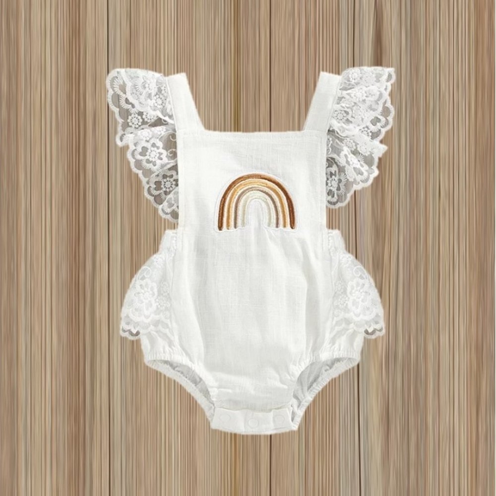 Boho Rainbow Dress muted Rainbow Romper Sunsuit Jumpsuit Lace Ivory Outfit